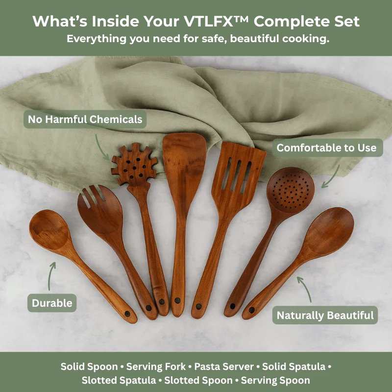 VTLFX™ Teak Utensils | 7-Piece Non-Toxic Kitchen Set